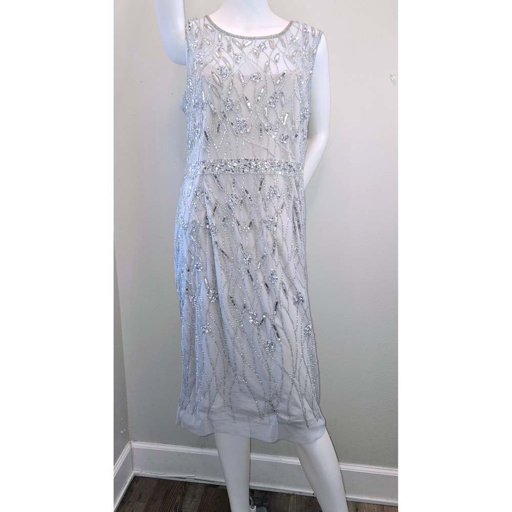 Adrianna Papell Silver Beaded Mesh Sheath Dress Women's Size 14 Winter Frost